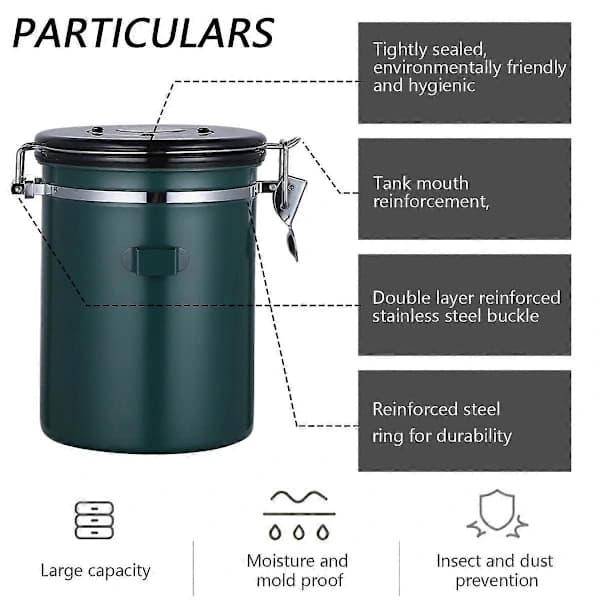 Lufttæt kaffedåse i rustfrit stål med datatracker og skovl til kaffeopbevaring, vakuumforseglet, grøn, 1500 ml style7285 style7285