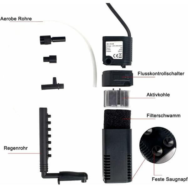 Akvariefilter intern filter intern filterpumpe med spraybar til akvarium 300l (300l/H 2w)