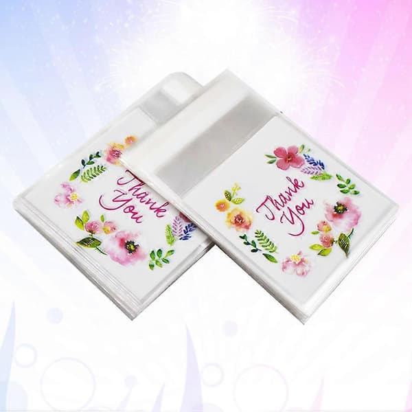 100 stk Tak-pose med blomstermønster, gavepose, selvklæbende slik- og småkagepose, cellofanpose, emballagepose, festpose (7 x 7 + 3 cm)