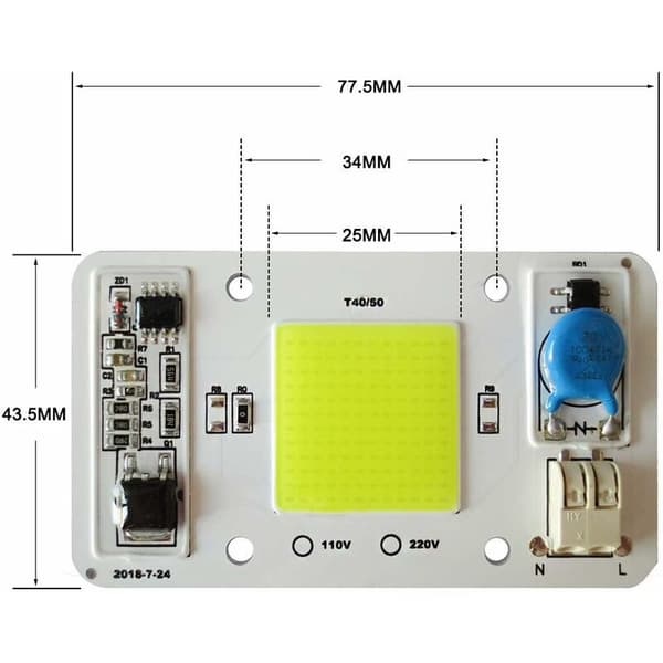 2PCS 50W White 6000K 220V COB LED Chip, No Soldering Required, Built-in Smart IC Driver for LED Floodlight