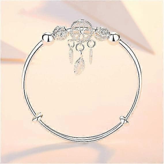Damband Justerbart Sterling Sølv Drømmefanger Kvast Fjer Rund Perle Charm Armbånd Armring Til Kvinder Elegante Smykker (Sølv)
