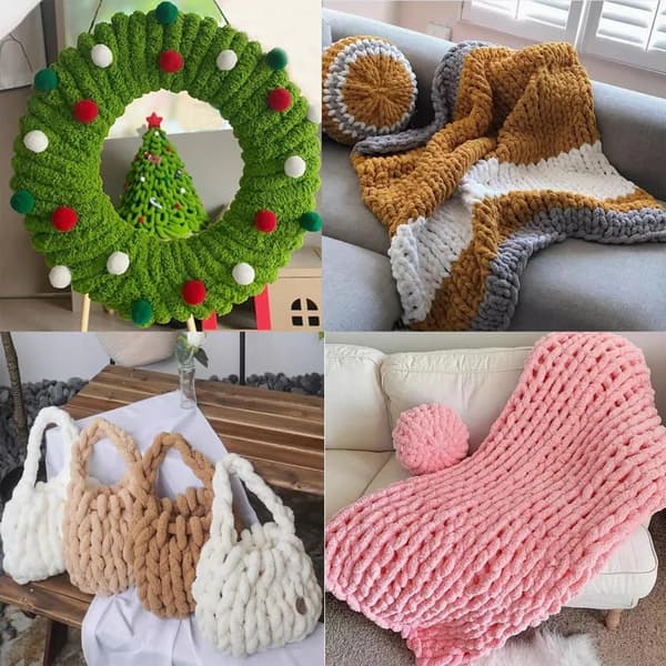 Chunky Chenille Garn Tykt Fluffy Garn til Hæklede Tæpper og Armstrikning, Rød Hvid Blå, 2-pak 500g