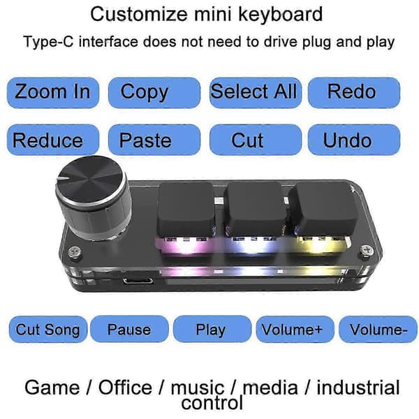 RGB 3-key Macro Keyboard with Custom Knob for Copy/Paste (Mini Keypad)