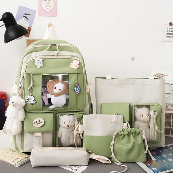 Lærredsskolesæt, Kawaii pige elevskoletaske grøn-FA- grøn green
