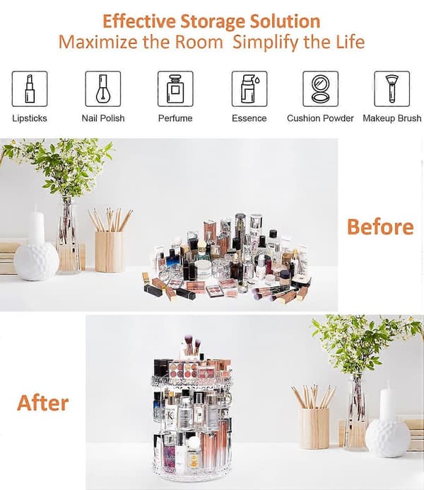 Tizzy Makeup Organizer, 360 Graders Roterende Kosmetikopbevaring, Justerbar
