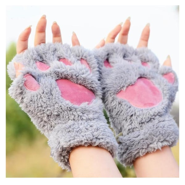 Söt katt kattunge tassar plysch fuskpäls fingerlösa handskar för flickor kvinnor (grå)
