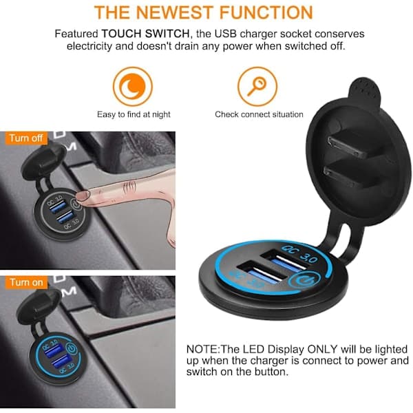 12V USB-uttak, dobbel QC 3.0 USB billader med bryter, 36W USB vanntett lader (kun med adapter)