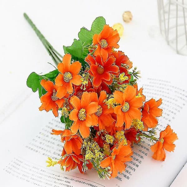 (Oransje-2 stk) 28 hoder kunstige silkeblomster Daisy Bunch