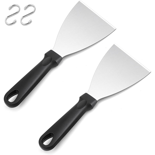 2-delt grillskrabesæt, grillskraber i rustfrit stål med sort plasthåndtag til grill, hamburger, bøf, køkken, til grillning af teppanyaki-kød