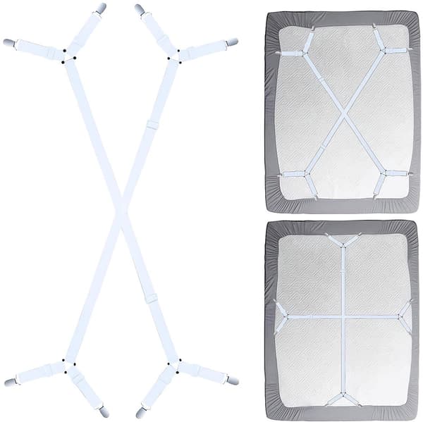 Adjustable Sheet Straps with Metal Clips, Elastic Sheet Fasteners for Fitted Sheets and Mattress Protectors, for Bed and Tablecloth, White 2-pack