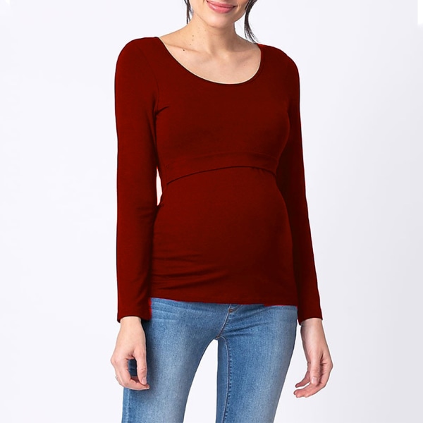 Ny mammakläder långärmad rundhalsad t-shirt för fyra säsonger med botten - Burgundy XL