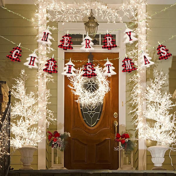 Glædelig jul-banner (2 stk.), ternet juletræsformet julebannerdekoration til pejs, væg, træ