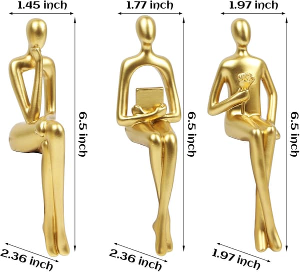 3 st gulddekorerade sittande tänkande statyer abstrakt skulptur, böcker
