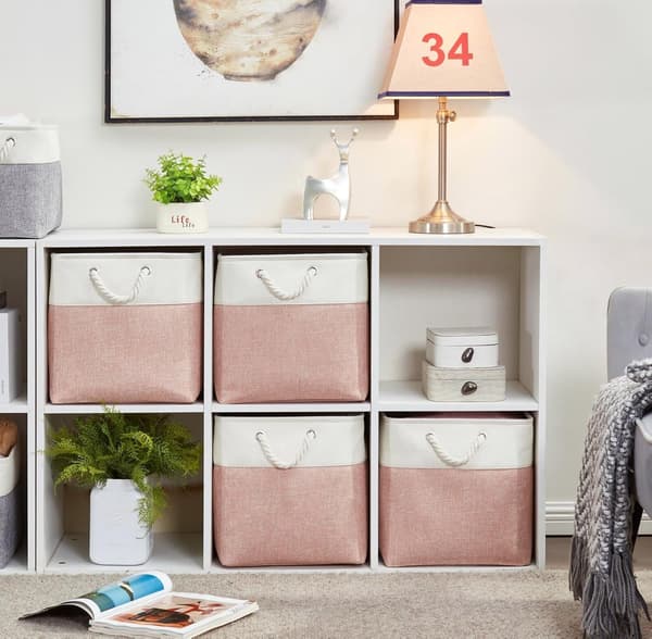 Foldable Fabric Storage Baskets for Organizing Clothes, Shelf in Children's Room, Wardrobe (Pink/White, 28*28*28cm)