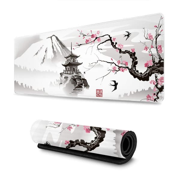 Gaming Musematte, Japansk Pagode og Kirsebærblomster Motiv Overdimensjonert Musematte Skrivebordsmatte Musematte med Sydd Kant Lang Sklisikker Gummi