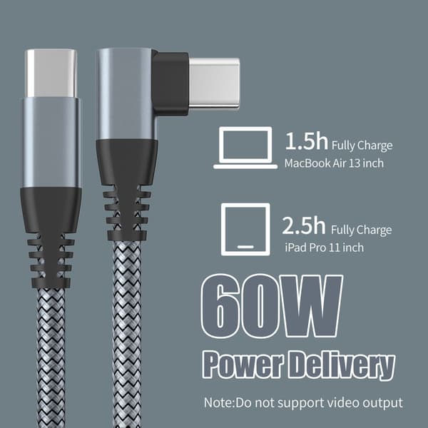 USB-C-kabel med vinklet stik 60 W hurtigoplader Grå 3 m