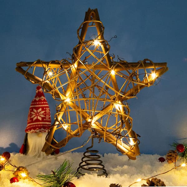 Star Christmas Tree Topper 10 \" Rustic Natural Rattan with 10 Warm