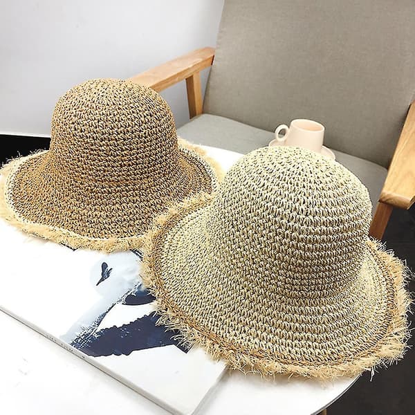 Beige heklet stråhatt for kvinner med bred bølget brem, solbeskyttelse strandhatt solhatt