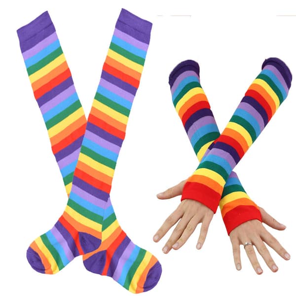 Women's Rainbow Striped Knee High Socks and Warm Fingerless Gloves