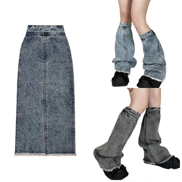 Punk Distressed Trim Jeans Benvärmare med elastiska muddar Harajuku Washed Denims Benöverdrag Lösa utsvängda strumpor för kvinnor Grå Gray