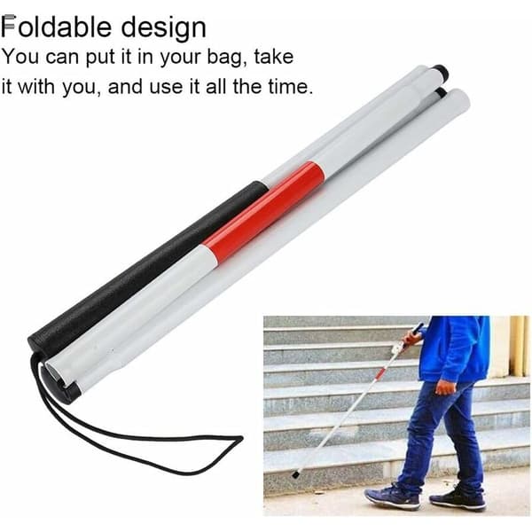Fällbar käpp - Vit käpp, lång fällbar käpp för rörlighet, fällbar käpp, röd reflekterande vit käpp för blinda och synskadade