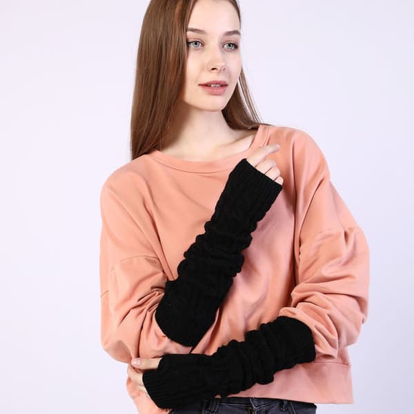 Fingerløse tommelfingerhuller lange handsker snoet strikket varme fingre sort KLB