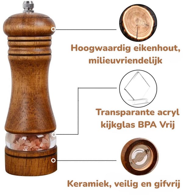 Oak Wood Salt and Pepper Grinder Set, 2-Pack, Manual Adjustable Ceramic Grinder with Acrylic Window, for Kitchen Cooking and Dining Table