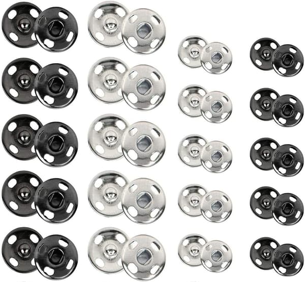 Syknapper, 120 sæt 8 mm og 10 mm, Sorte og Sølvfarvede, Påsybare Trykknapper Metalknapper Trykknapper