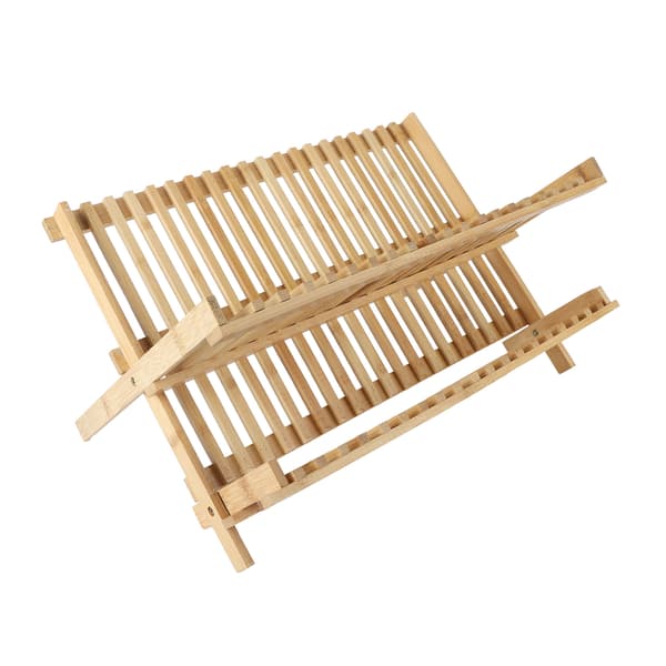 Folding Wooden Dish Rack 20 Grids 2-Tier Foldable Dish Drying Rack for Dishes Plates Bowls Cups