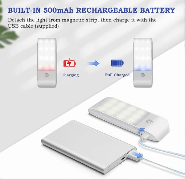 Automatisk LED Nattlampe [2 Stykker], 12 LED USB Oppladbar, med Bevegelsessensor Magnetstripe, 3 Moduser (Auto/På/Av) [DB]