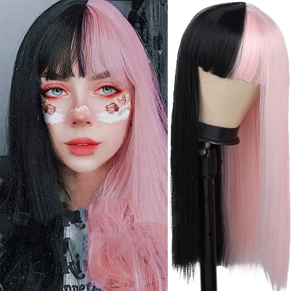 Halvrosa og sort paryk Langt glat hår med pandehår Cosplay Nat