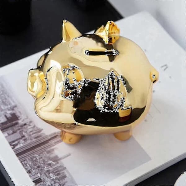 HA~Ceramic Gold Piggy Bank Cute Creative Home Decor, Gold Pig