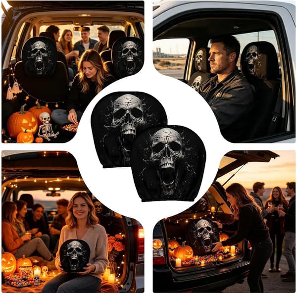 läskiga bilnackstödsskydd 2-delade Halloween-dödskalle stretch -