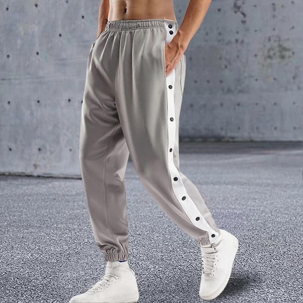 Men's Mid-Waist Button Basketball Training Pants, Grey XL Grey Grey XL
