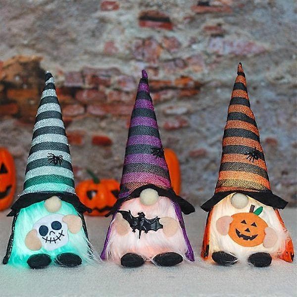 Halloween Luminous Gnome with LED Light Witch Hat Spider Hat Cute Gnome for Doll White