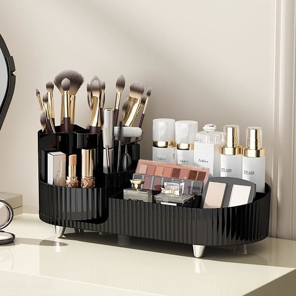 Makeup Organizer for Countertop, Rotating Makeup Organizer for Vanity, Large Capacity, Cosmetic Display Box with Makeup Brush Holder White White White