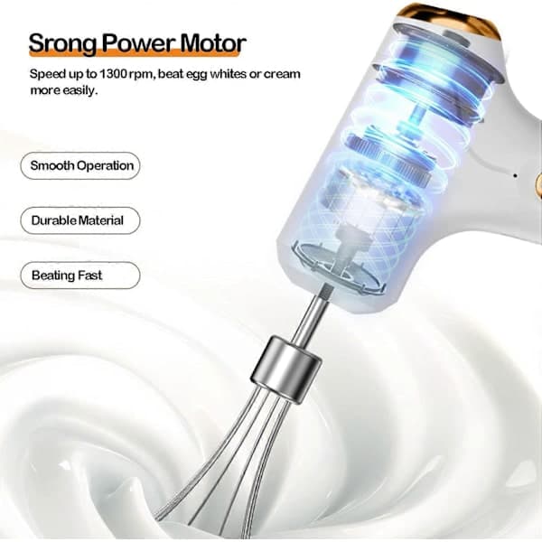 Electric Hand Whisk, USB Rechargeable, Egg Beater with 2 Detachable Whisks with 3 Speed Settings White