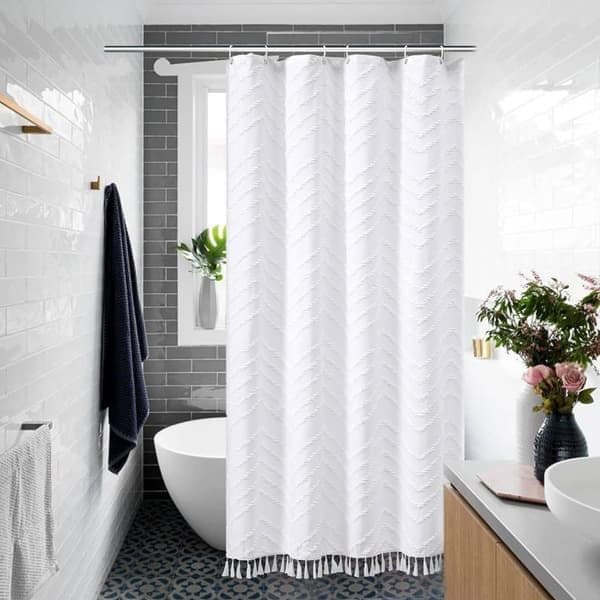 Extra Long Shower Curtain in White - Boho Minimalist with Tassels and Chevron Pattern 91*183CM