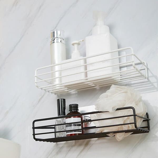 Wall-mounted spice storage shelf - White metal wire basket with self-adhesive hook for bathroom and kitchen, space-saving