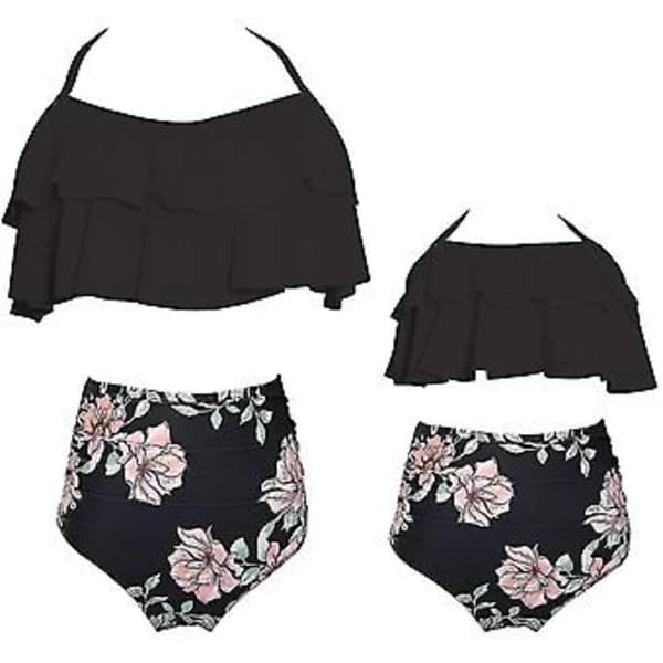 Flickbaddräkt Tvådelad Bikini Set Volang Falbala Badkläder Baddräkter-e( Svart)[CO]