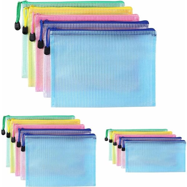 Mesh Zipper Document Pouches A4 A5 A6 - 15 Pieces PVC Storage Bags for Office Supplies Compatible with Documents