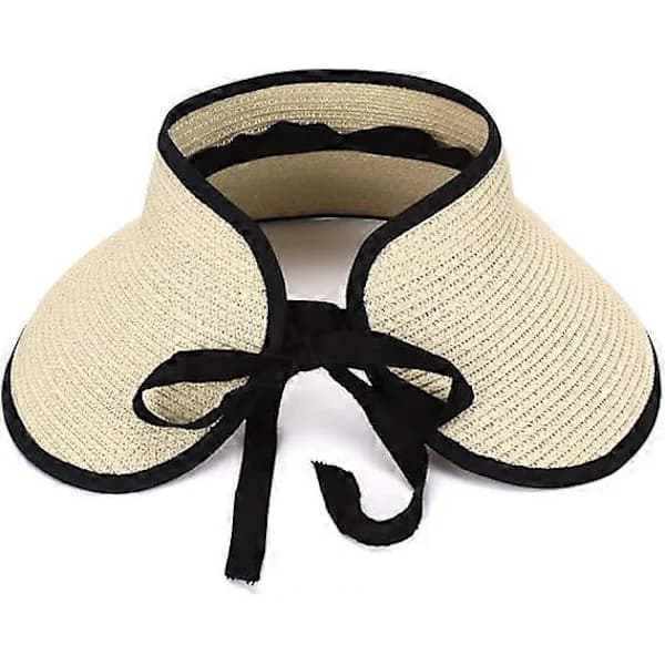 Store strandstråhatte til kvinder, foldbar bredskygget hat til damer, visir kasket bøttehat med sløjfe beige