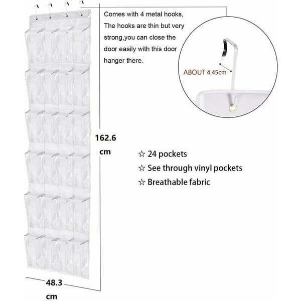 Space-saving shoe rack, over the door shoe rack, 24 pockets with 4 hooks, 48.3W x 162.6H, White + Safe