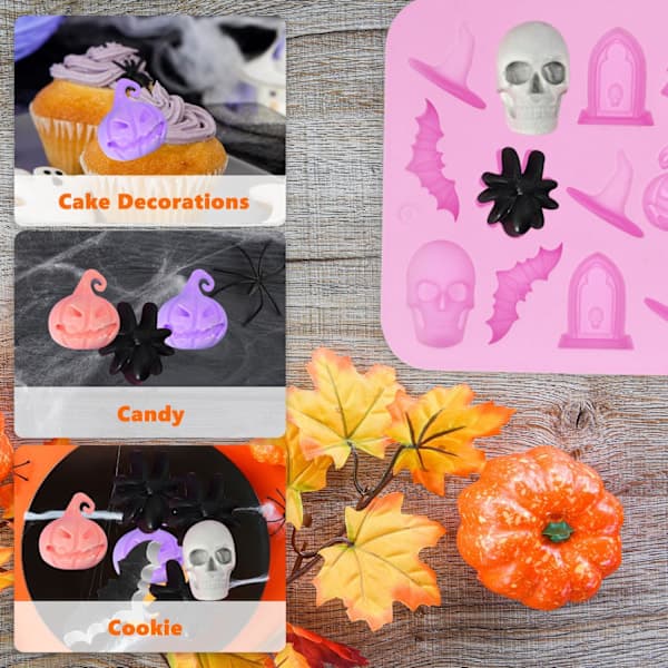 Halloween silikoneform, 18 huller Halloween chokoladeform slikform græskar flagermus edderkoppehat gravsten form til slik, DIY A6-WSDTMJ (Pink)