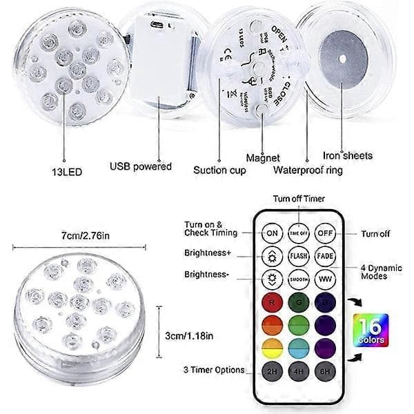 Pool Lighting Underwater Lamp, USB Rechargeable, Multi-color RGB-13 LED with RF Remote Control