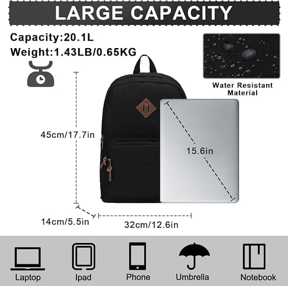 Backpack for School, Water-Resistant Unisex 15.6 inch Laptop Backpack