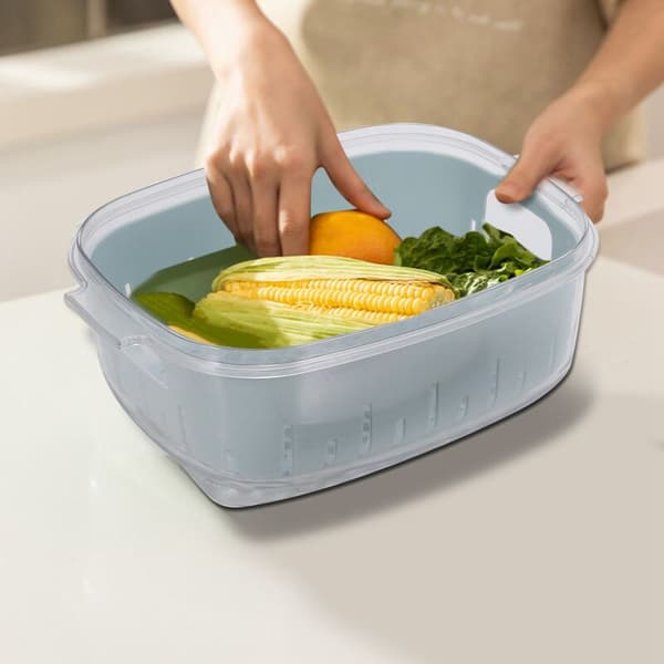 Blue Small Double-Layer Refrigerator Drawer with Lid Drain Basket Sealed Box Home Vegetable Refrigerator Kitchen