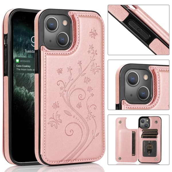 Kompatibel med iPhone 13 - Stötsäkert läderfodral med kortplats Roséguld