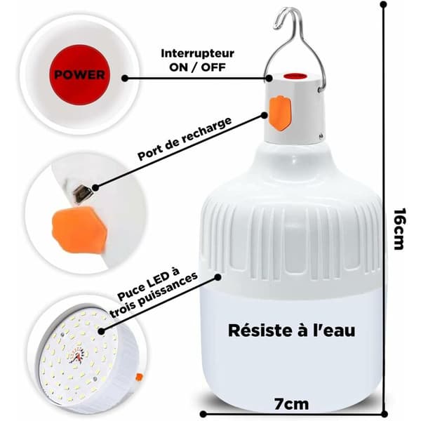 Rechargeable Camping Lantern - 2-pack, 40W, 360° Light, USB Portable Hanging Lamp with Cable, Energy Class A+++