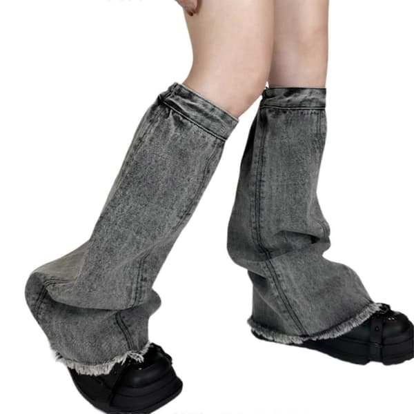 Punk Distressed Trim Jeans Benvärmare med elastiska muddar Harajuku Washed Denims Benöverdrag Lösa utsvängda strumpor för kvinnor Grå Gray